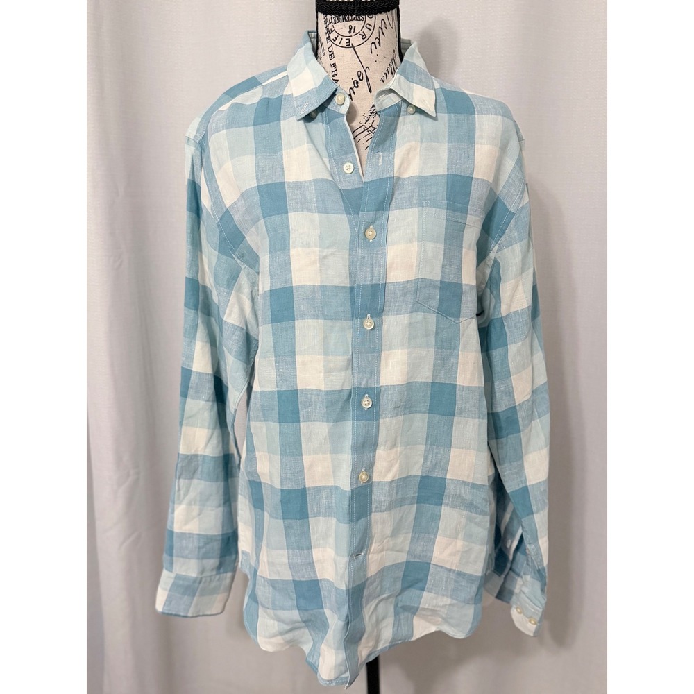 Banana Republic Camden Fit Linen Shirt Mens Small Blue White Buffalo Check Plaid